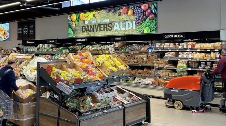 Grocery aisles and ready-made meals section inside an Aldi