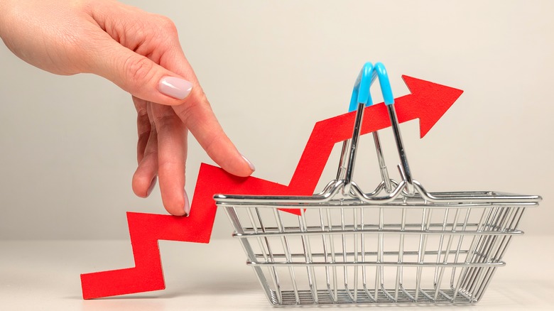 Mini grocery basket with rising price arrow