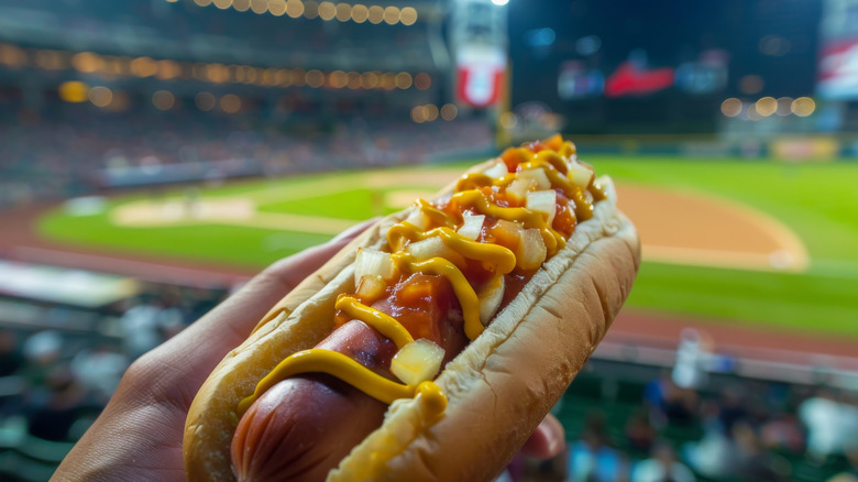Hot dog at a baseball stadium