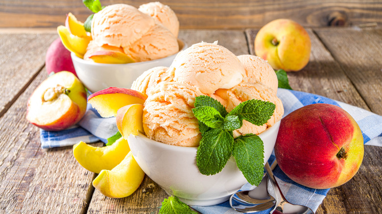 Bowls of peach ice cream