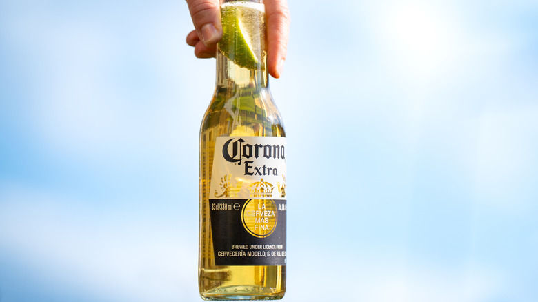 Hand setting down Corona Extra bottle with lime in it against cloudy sky background