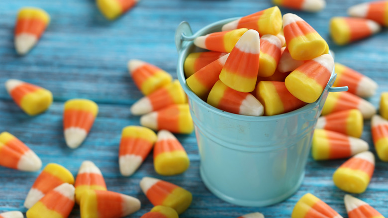 Candy corn in teal container