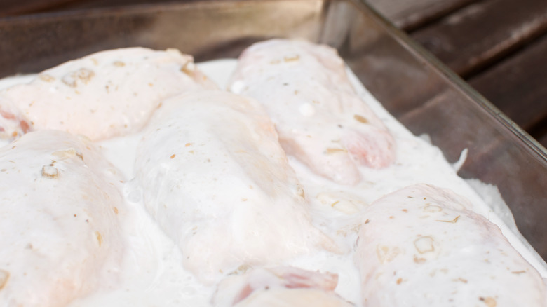 chicken thighs marinading in buttermilk