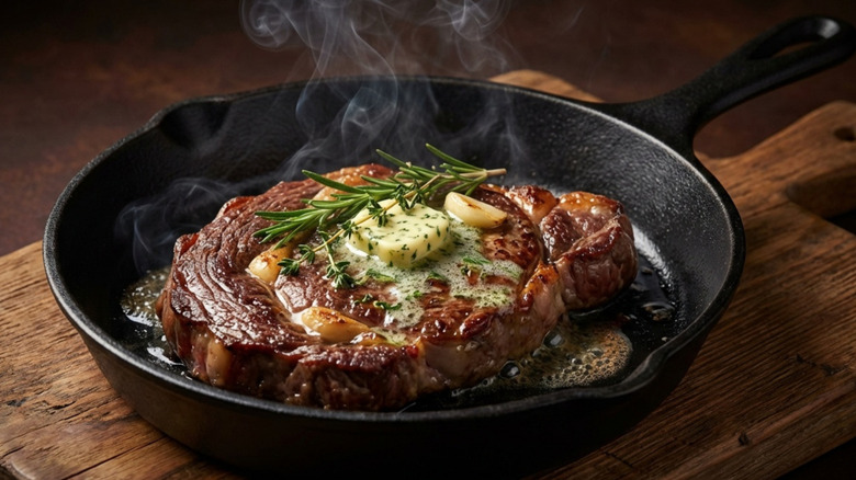 Steak topped with herbs and butter cooking in a cast iron pan.