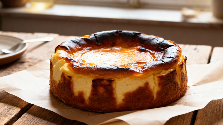 Basque cheesecake on wooden table