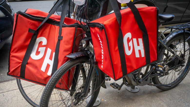 Grubhub delivery bags attached to bike