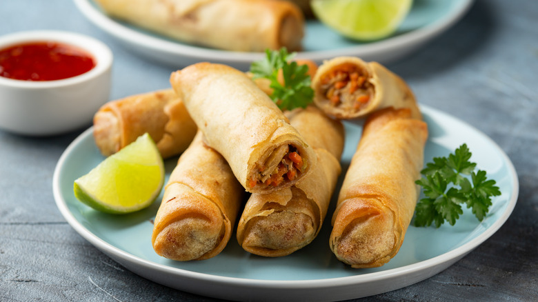 Fried spring rolls on a platter