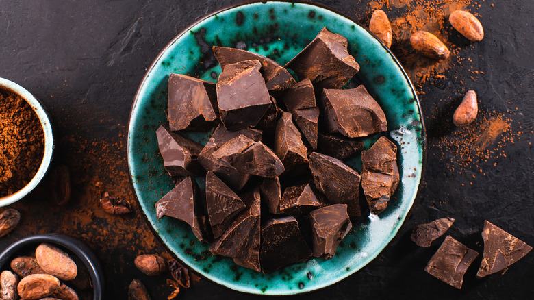 Chocolate pieces ina blue bowl