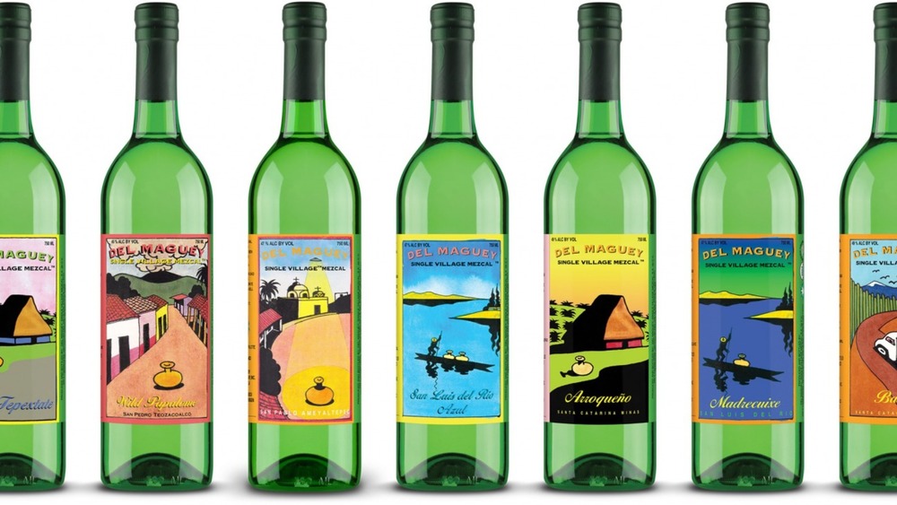 A line of Del Maguey mezcal bottles