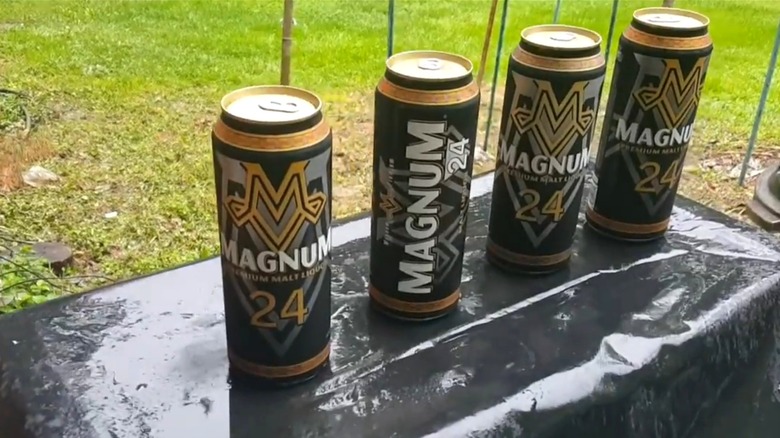 Four cans of Magnum malt liquor in the rain.