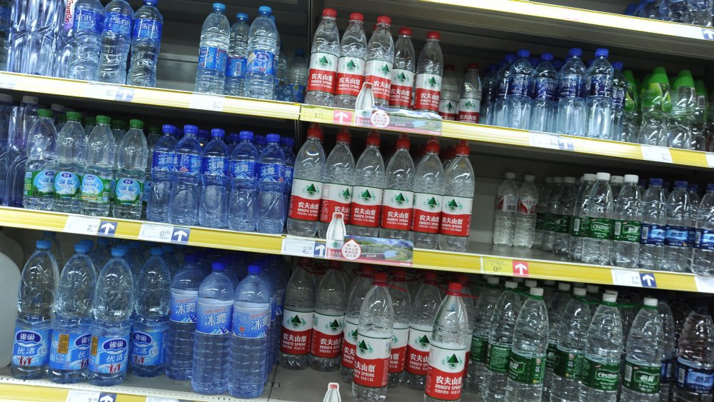 Bottled water on the grocery store shelf in China