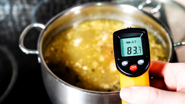 A digital thermometer being used to check the temperature of a stew.