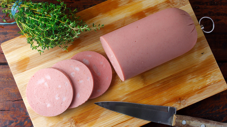 Slices of raw meat bologna 