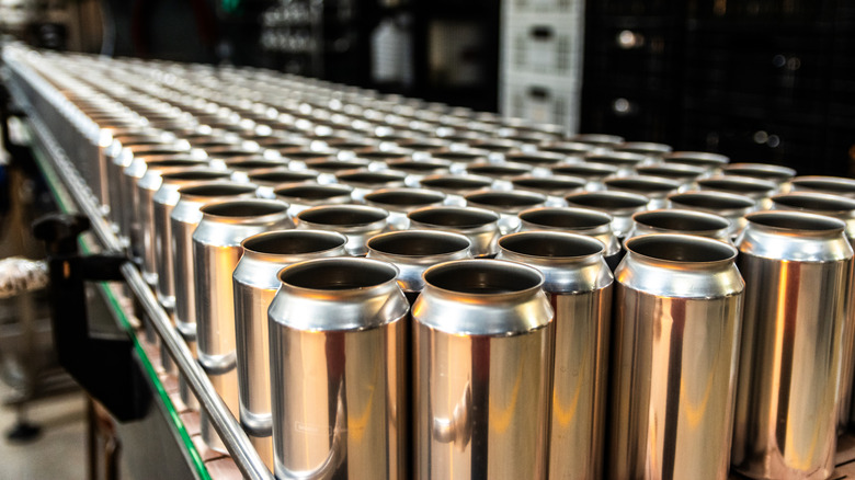 Aluminum cans lined up in production facility.