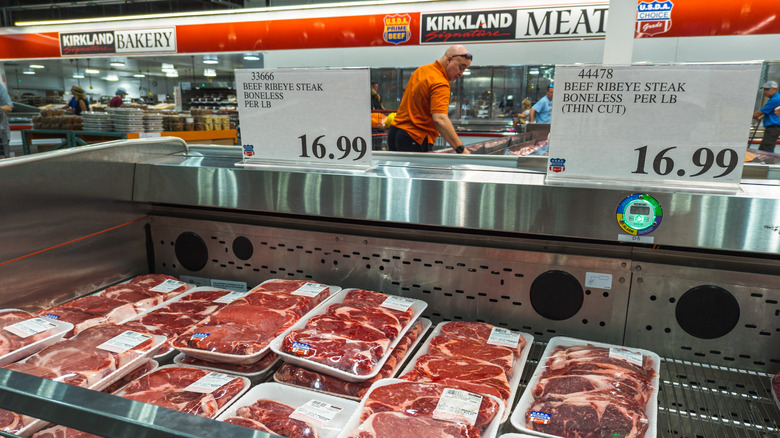 Freezer case of beef at a Costco meat department