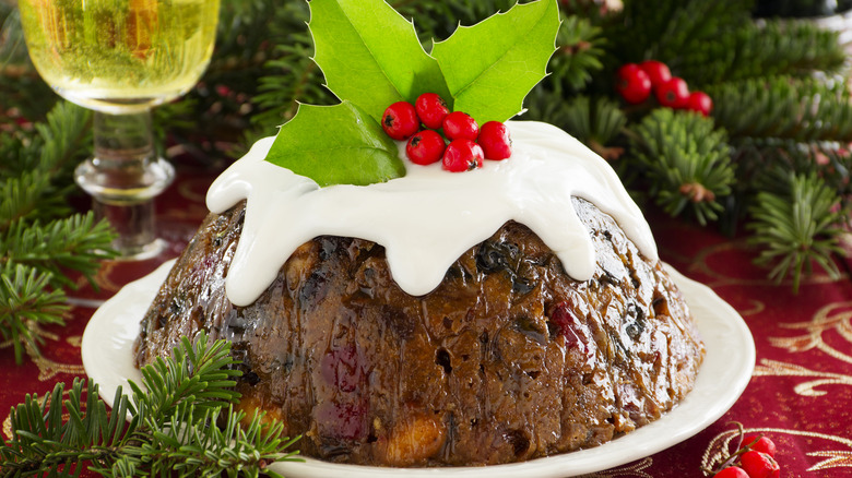 figgy pudding with custard and holly