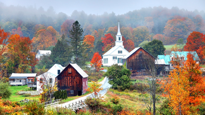 Colorful fall tree landscape with old buildings and churches.