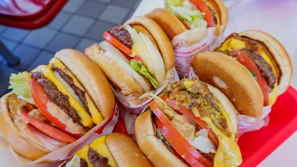 Row of In-N-Out burgers on a tray