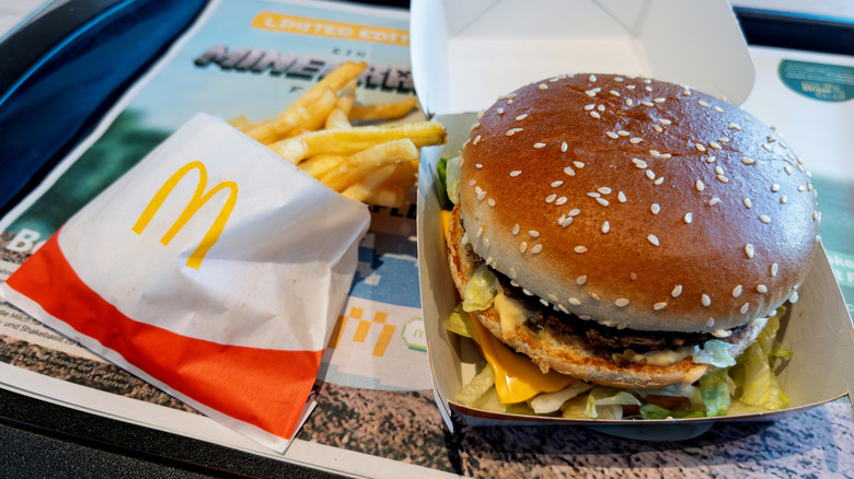 McDonald's Big Mac and French fries on tray in restaurant