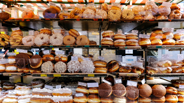 Display of donuts in bakery