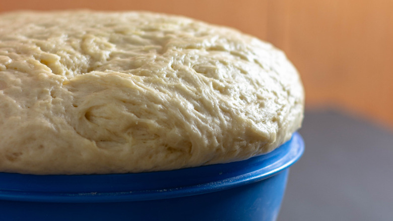 Closeup of bowl of dough proofing