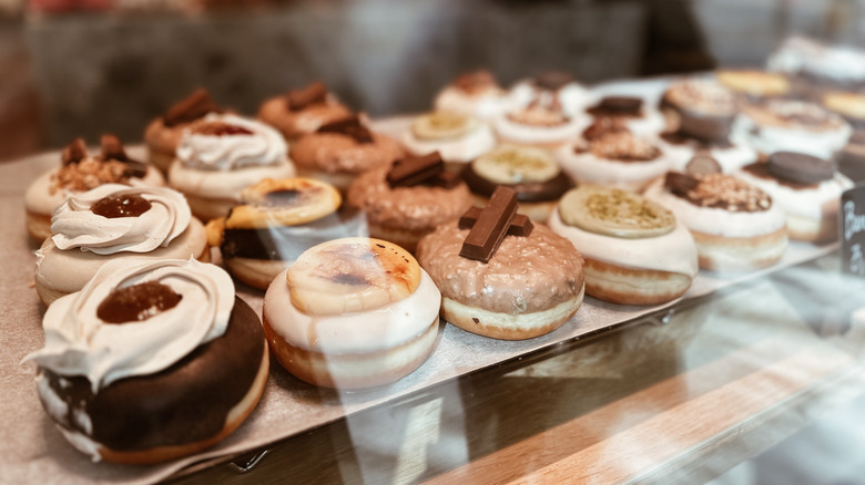 A display of gourmet donuts