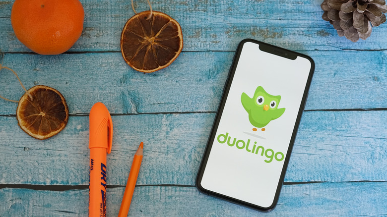Phone with Duolingo app 