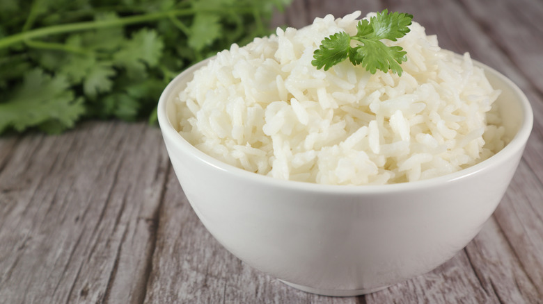 White rice in a bowl on a table