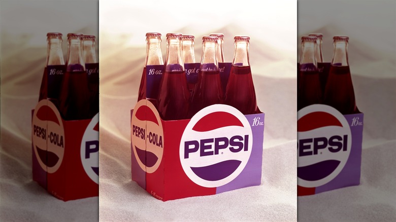 A six-pack of vintage Pepsi bottles circa the 1960s.