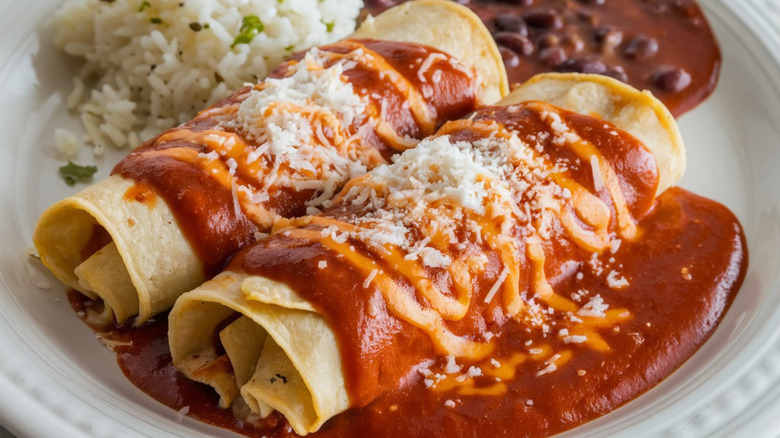 plate of enchiladas with rice and beans