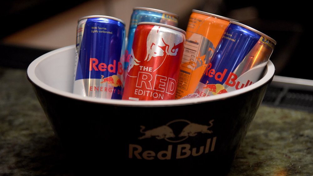 Red Bull bowl with various flavors of Red Bull inside