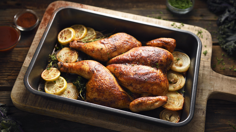 roasted butterflied chicken in pan