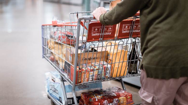 a person pushing a costco shopping cart