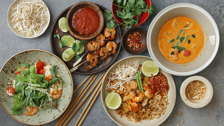 Spicy Thai food on various plates