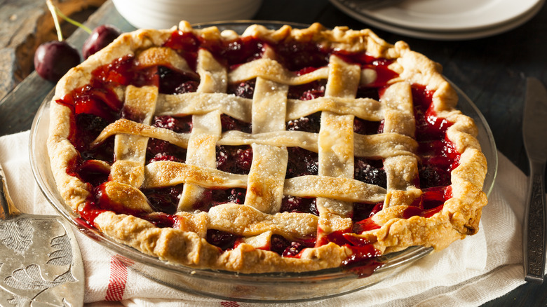 cherry pie in glass dish