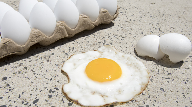 Carton of eggs cooking on sidewalk