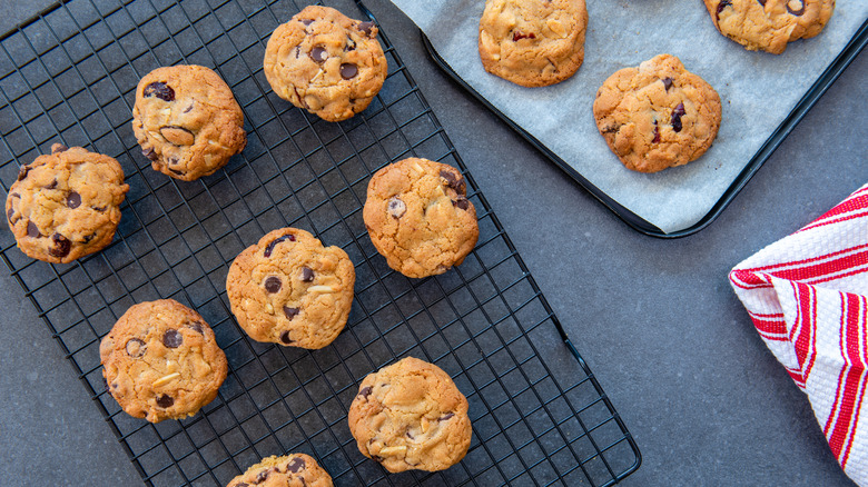 Cookies on baking sheet and cooling rack