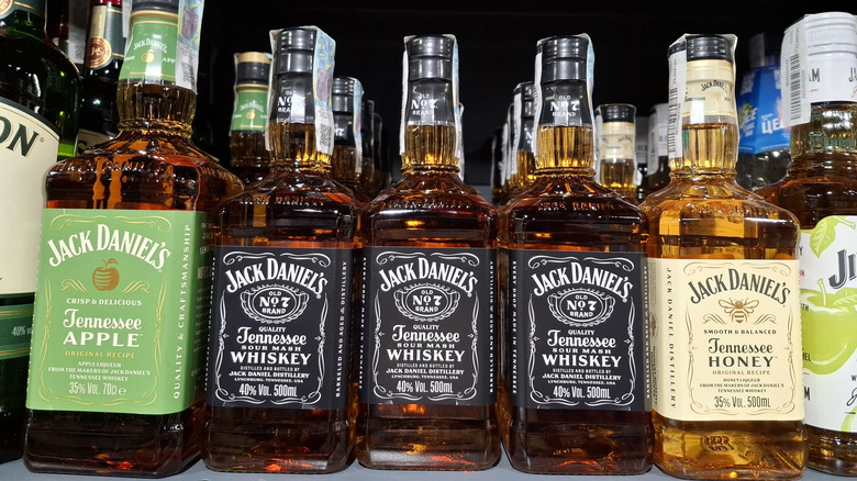 Bottles of Jack Daniel's Whiskey on a liquor store shelf