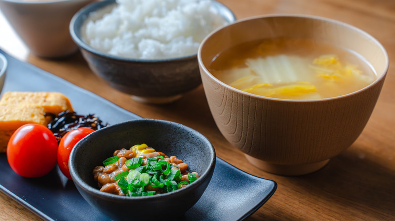 Japanese breakfast with natto