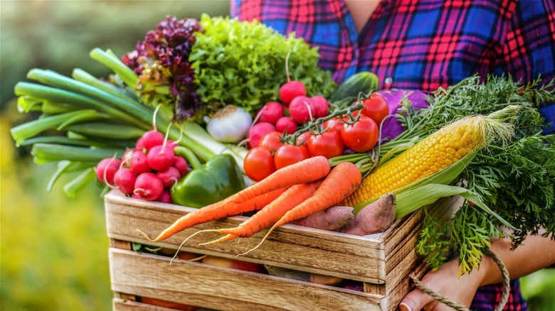 Person carrying a box of colorful produce