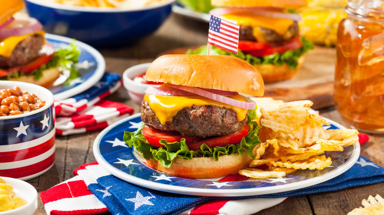 US-themed spread with grilled burgers