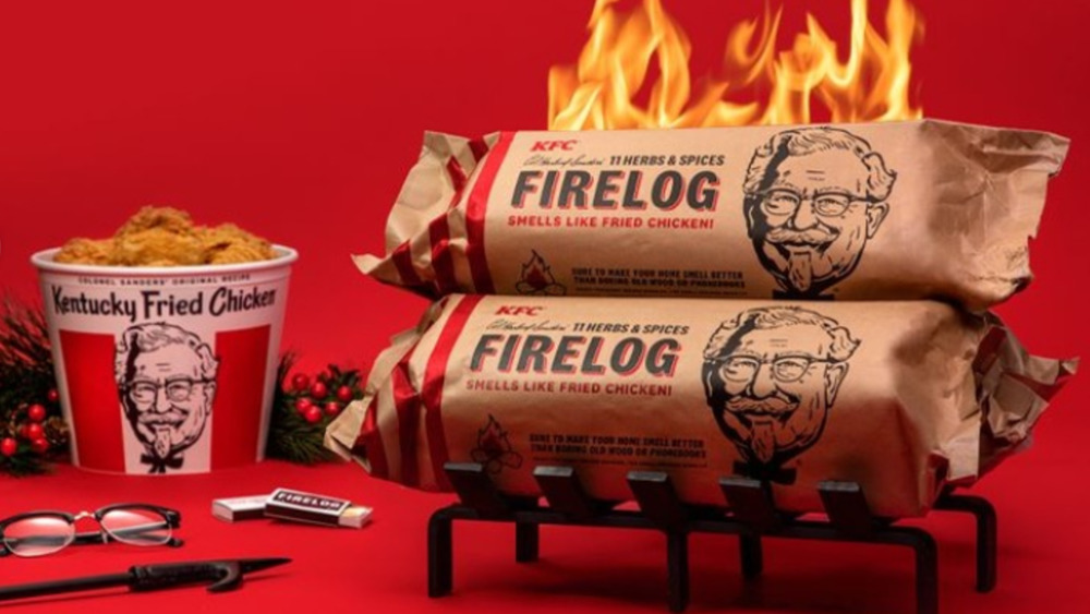 KFC firelog next to bucket of fried chicken