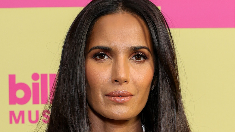 Padma Lakshmi in bejeweled white suit