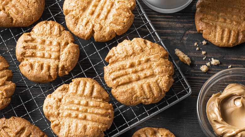Peanut butter cookies cooling on wire rack