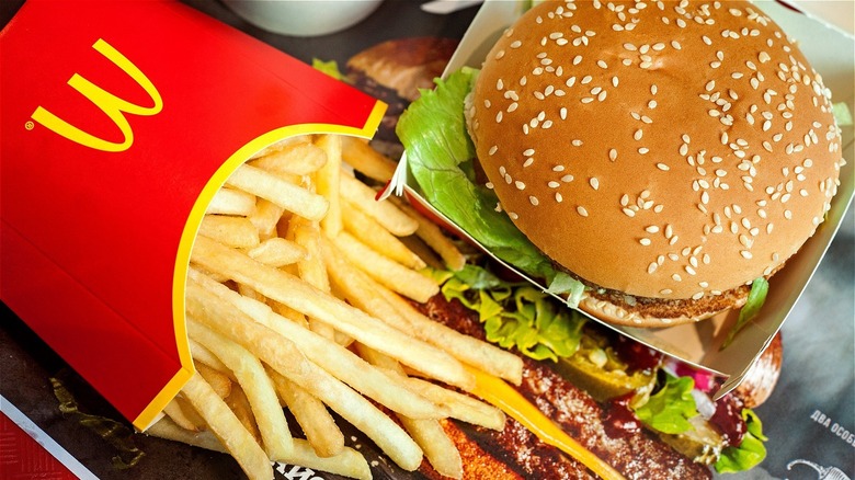 McDonald's burger and fries on a tray