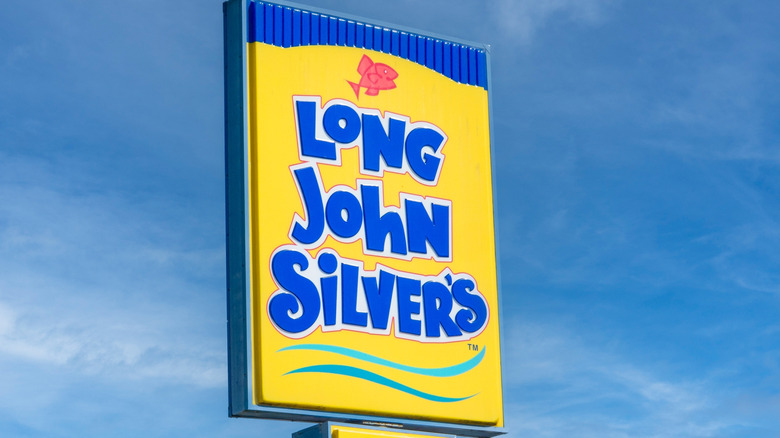 Exterior sign of a Long John Silver's drive thru