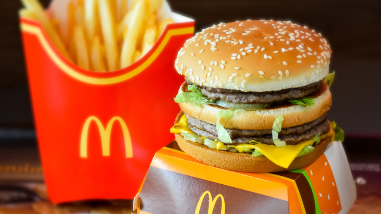 A McDonald's Big Mac on top of its carton next to french fries and ketchup