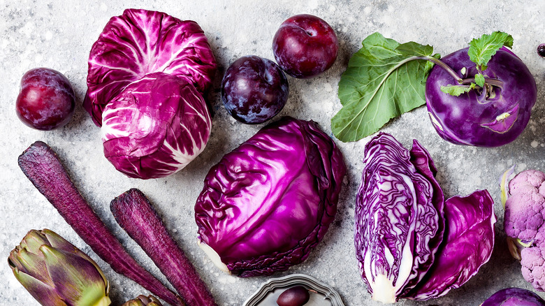 Red cabbage and other purple vegetables and fruits