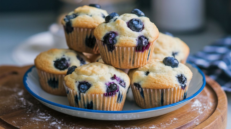 Plate of blueberry muffins on wooden serving tray.