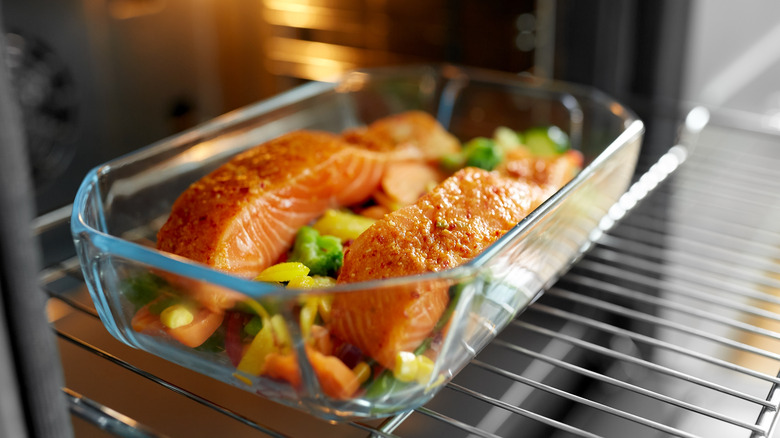 salmon and veggies in oven